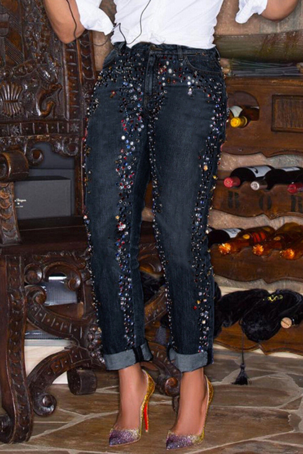 Plus Size Daily Blue Casual Drilling Pocket Denim Jeans