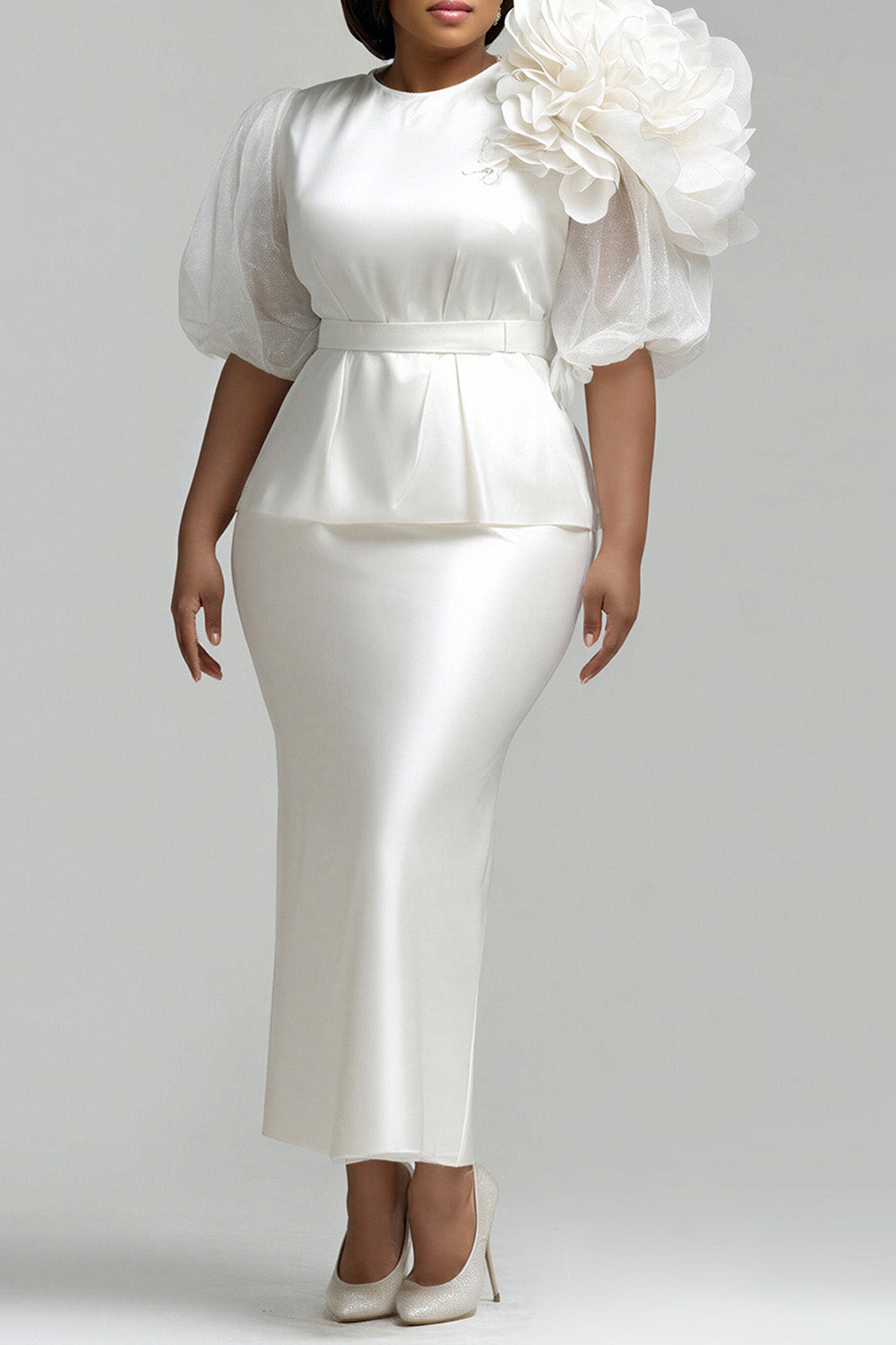 White Round Neck Short Sleeve 3D Satin Two Piece Skirt Sets