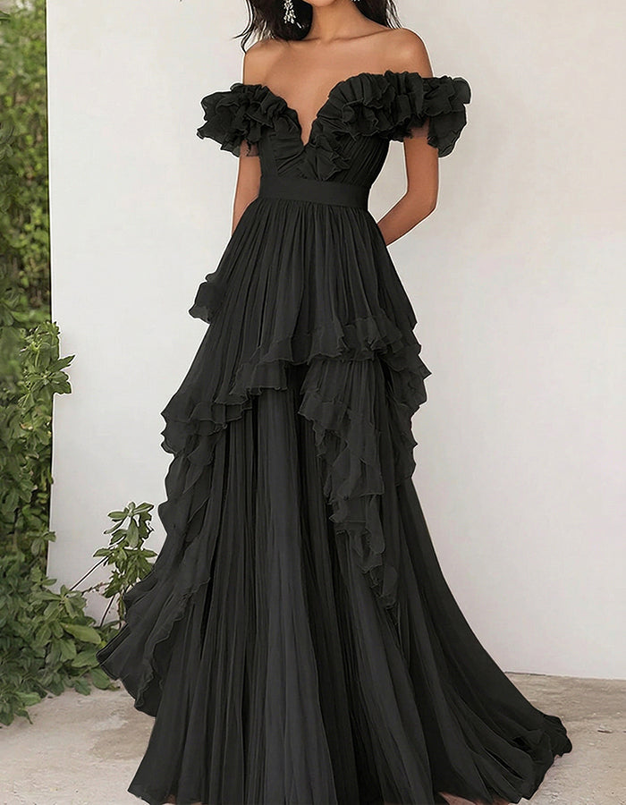 Lavender Off-the-Shoulder Ruffled Chiffon Maxi Dress
