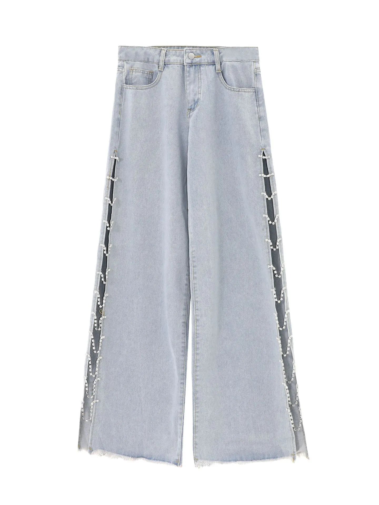 Designer Low Rise Draped Diamond Wide Leg Jeans