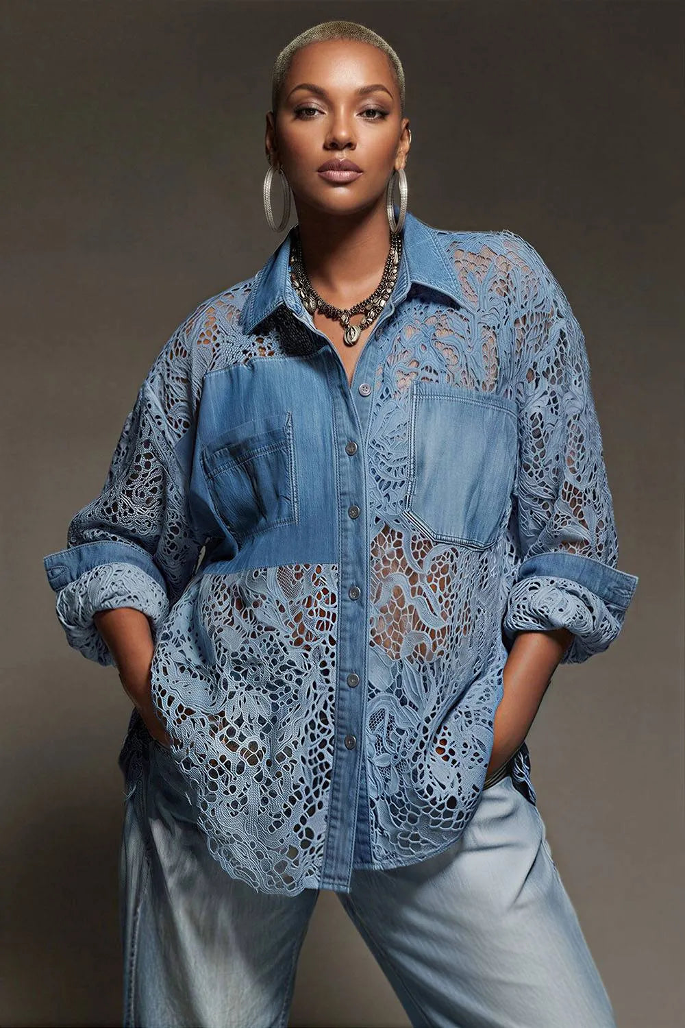 Xpluswear Design Plus Size Business Casual Lace Light Blue Shirt Collar 3/4 Sleeve Contrast Tencel Denim Blouses