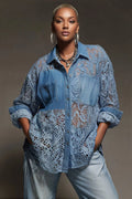 Xpluswear Design Plus Size Business Casual Lace Light Blue Shirt Collar 3/4 Sleeve Contrast Tencel Denim Blouses