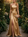 Gold Satin One-Shoulder 3D Rose Appliques Maxi Dress