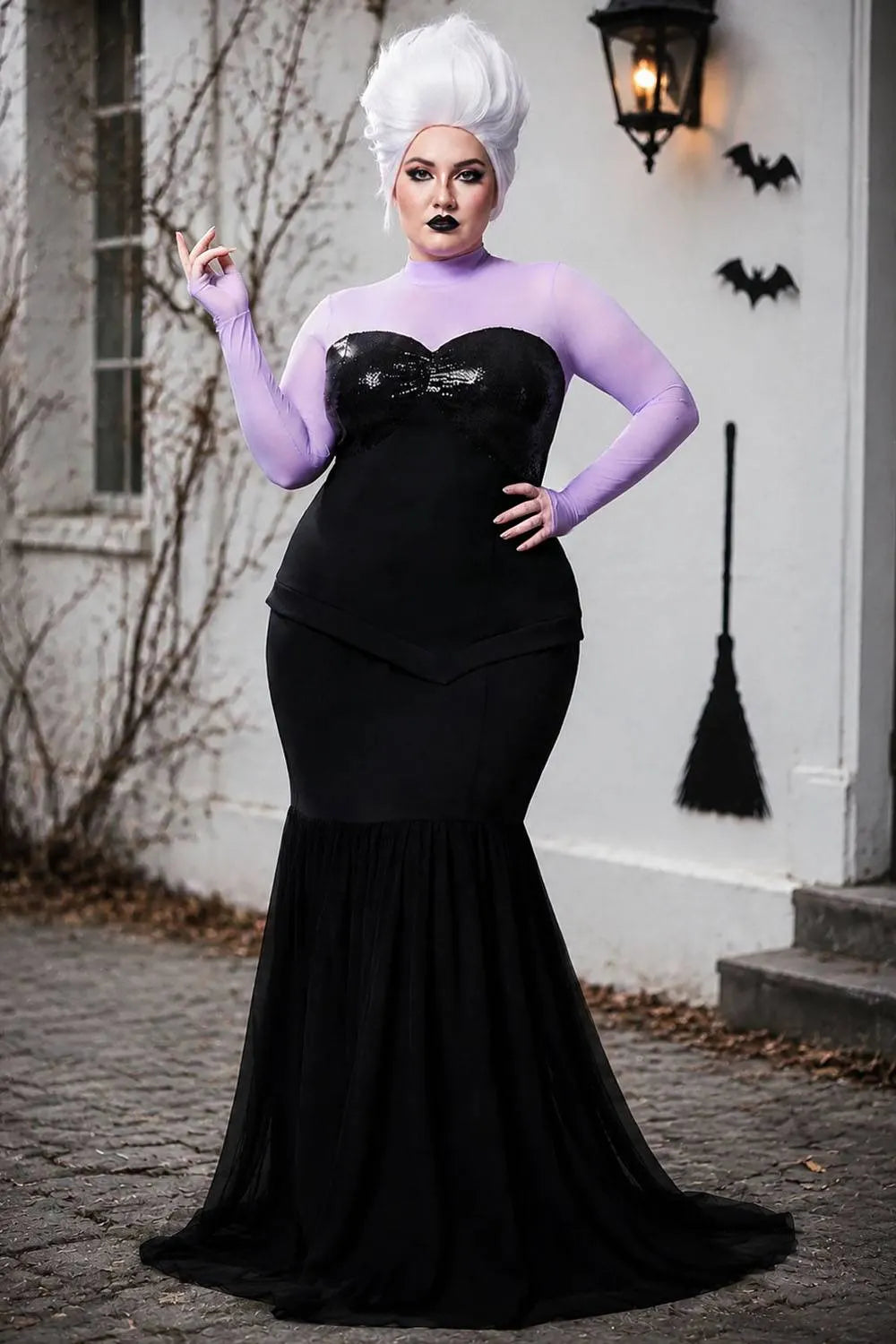 Halloween Costume Black Cosplay Mesh Long Sleeve Sequin Knitted Maxi Dress(Ships in US)