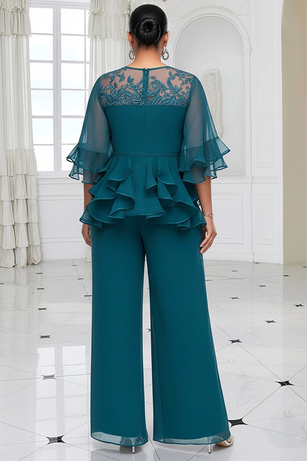 Mother Of The Bride Lace Green Round Neck Flare Half Sleeve Ruffle Contrast Chiffon Two Piece Pant Sets
