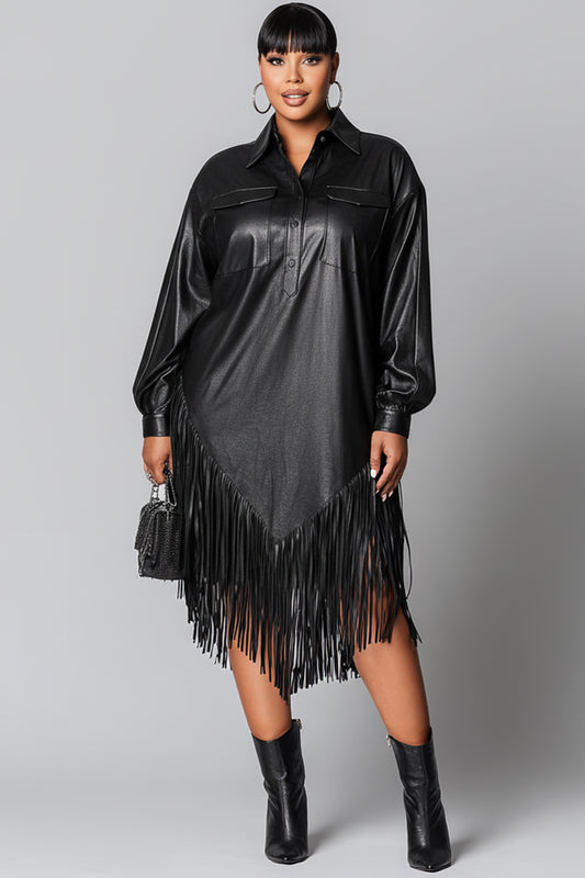Festival Black Shirt Collar Long Sleeve Strappy Elegant PU Leather Midi Dresses