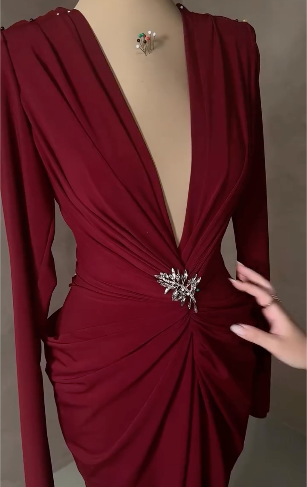 Glamorous Burgundy Beaded Long Sleeve Plunge V-Neck Maxi Dress