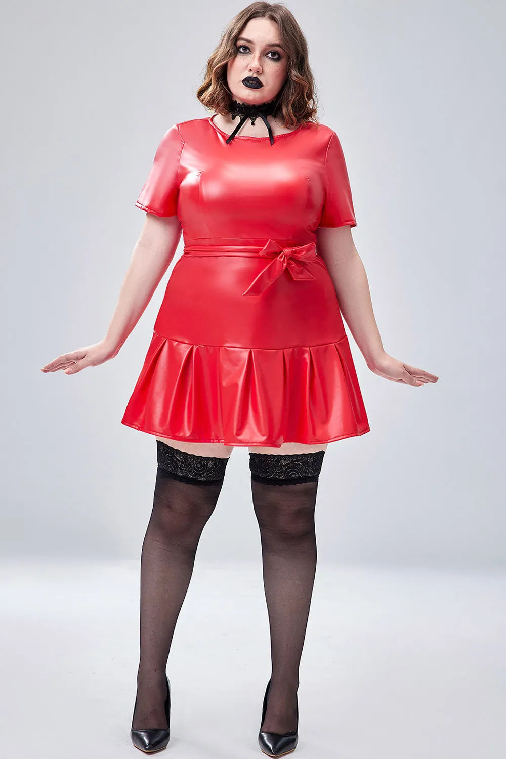 Halloween Costume Red Pu-Leather Short Sleeve Wrap Mini Dress(Ships 24h)