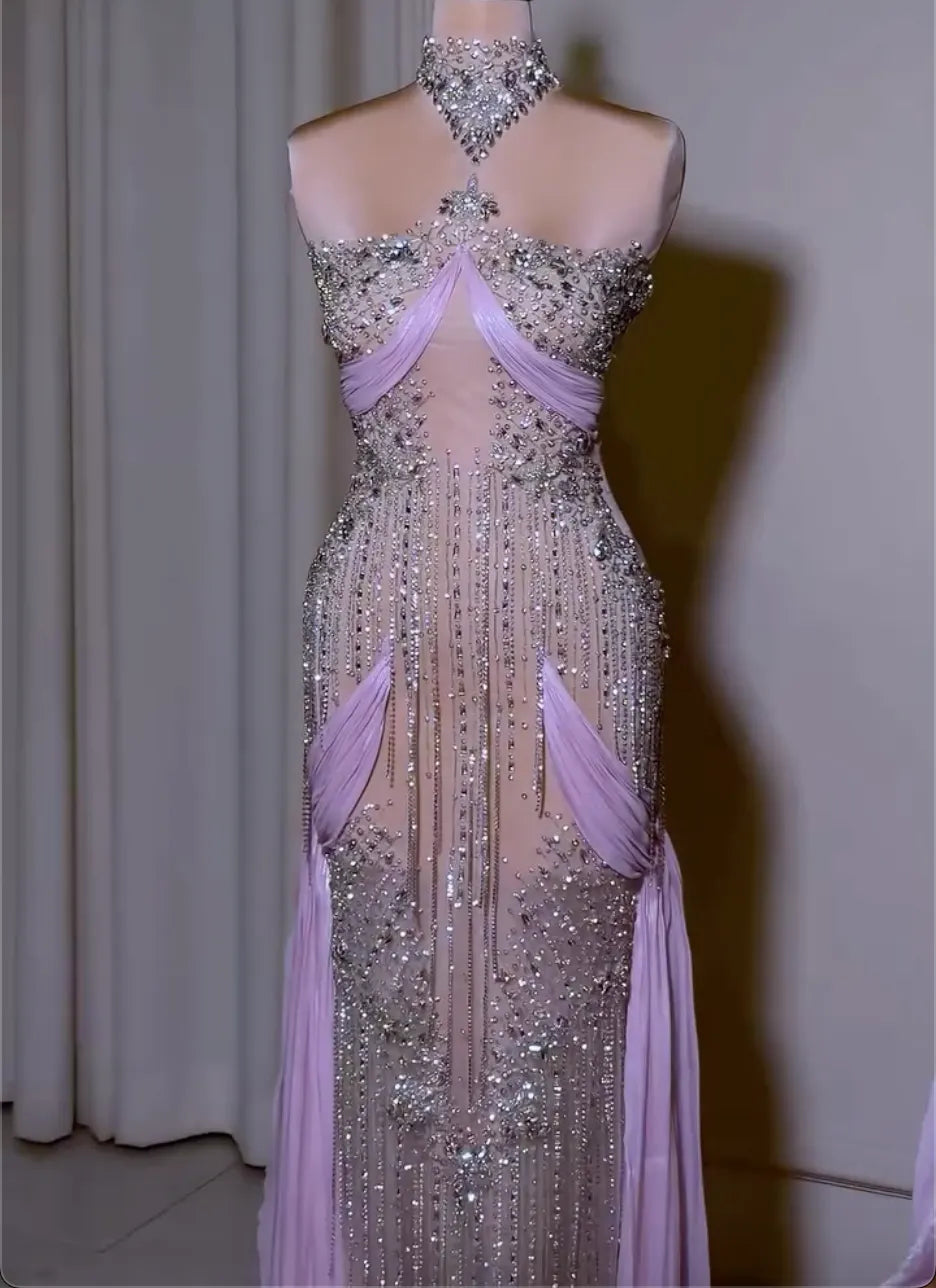 High Neck Rhinestone Choker Sheer Mermaid Evening Gown, Lavender Pleated Drape Panel Beaded Vertical Stripe Formal Dress