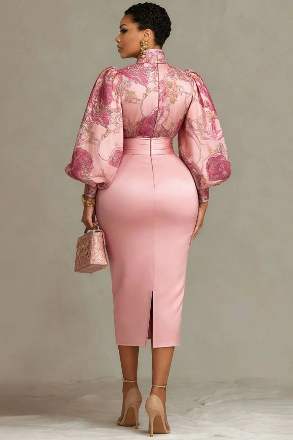 Wedding Guest Pink Floral Stand-Up Collar Lantern Sleeve Long Sleeve Bodycon Satin Midi Dresses