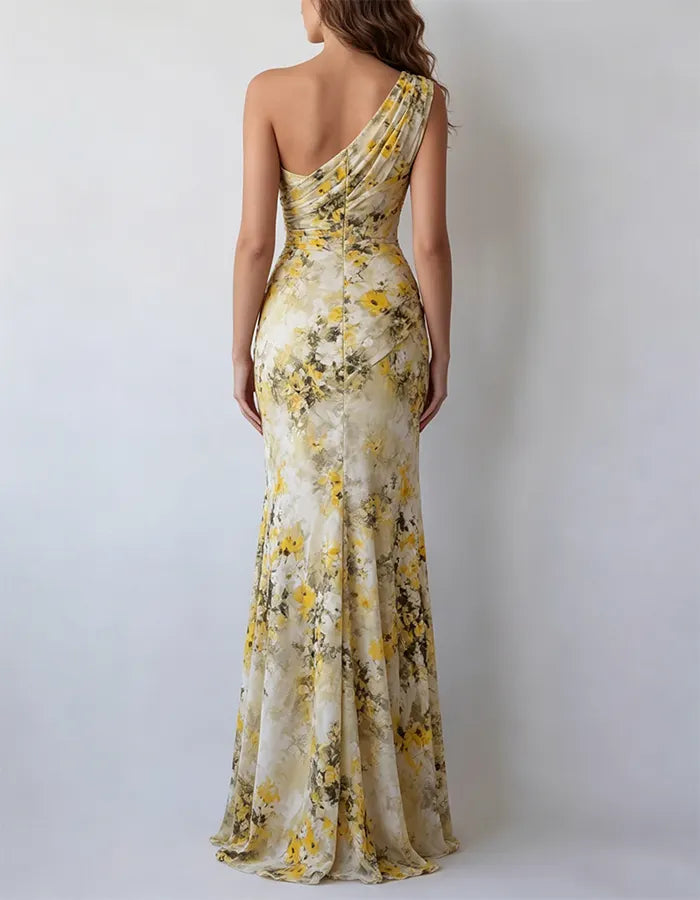 Yellow Watercolor Floral One Shoulder Chiffon Fishtail Maxi Dress