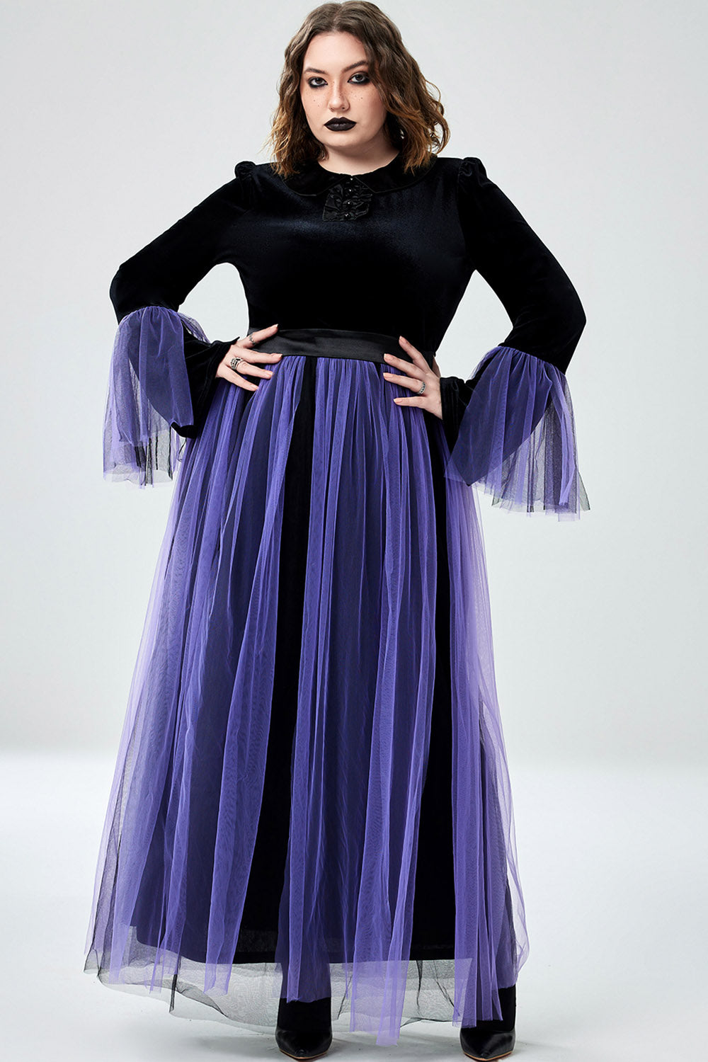 Halloween Costume Purple Cosplay Witches Overlay Mesh Maxi Dress (Without Hat And Cane)(Ships 24h)
