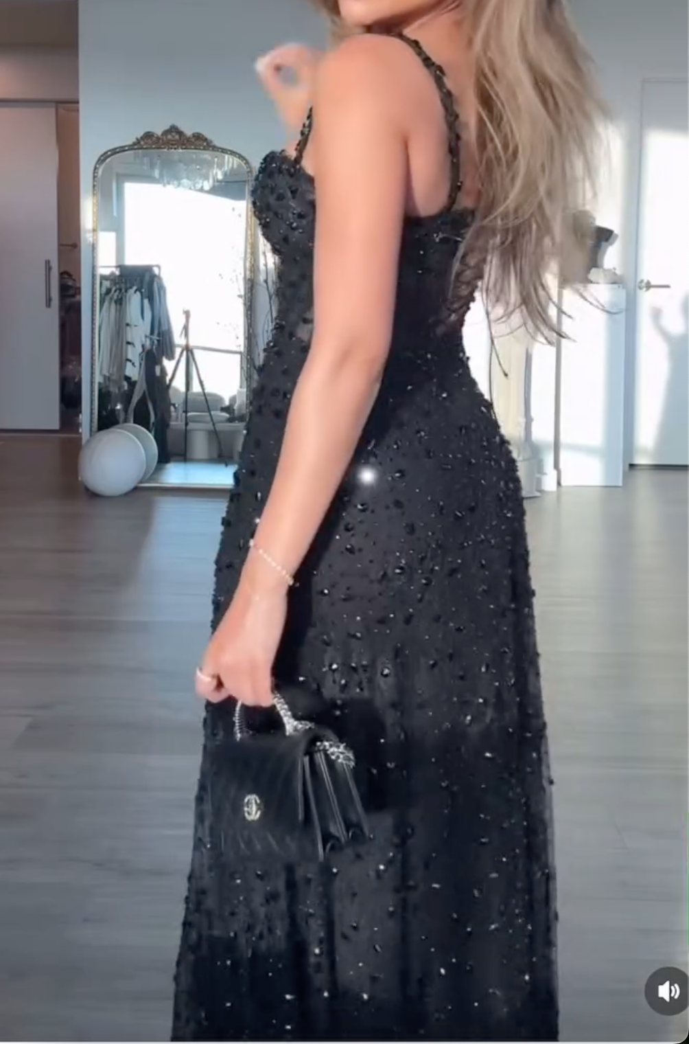 Black Beaded Sheer Mesh Maxi Dress with High Slit