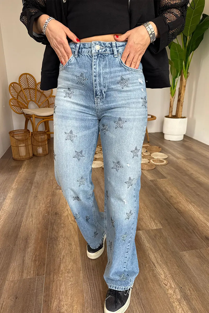 Women's Casual Loose Denim Pants with All-Over Sparkly Star Print