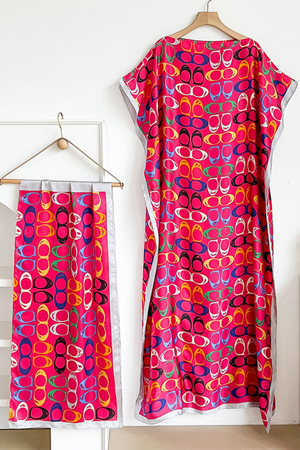 Geometric Print Scarf Side Slit Kaftan Maxi Dresses Vacation 2pcs Set-Fuchsia