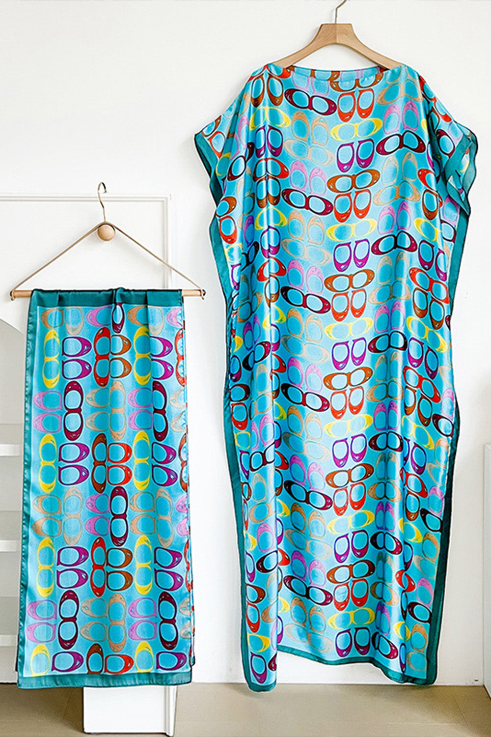 Geometric Print Scarf Side Slit Kaftan Maxi Dresses Vacation 2pcs Set-Fuchsia