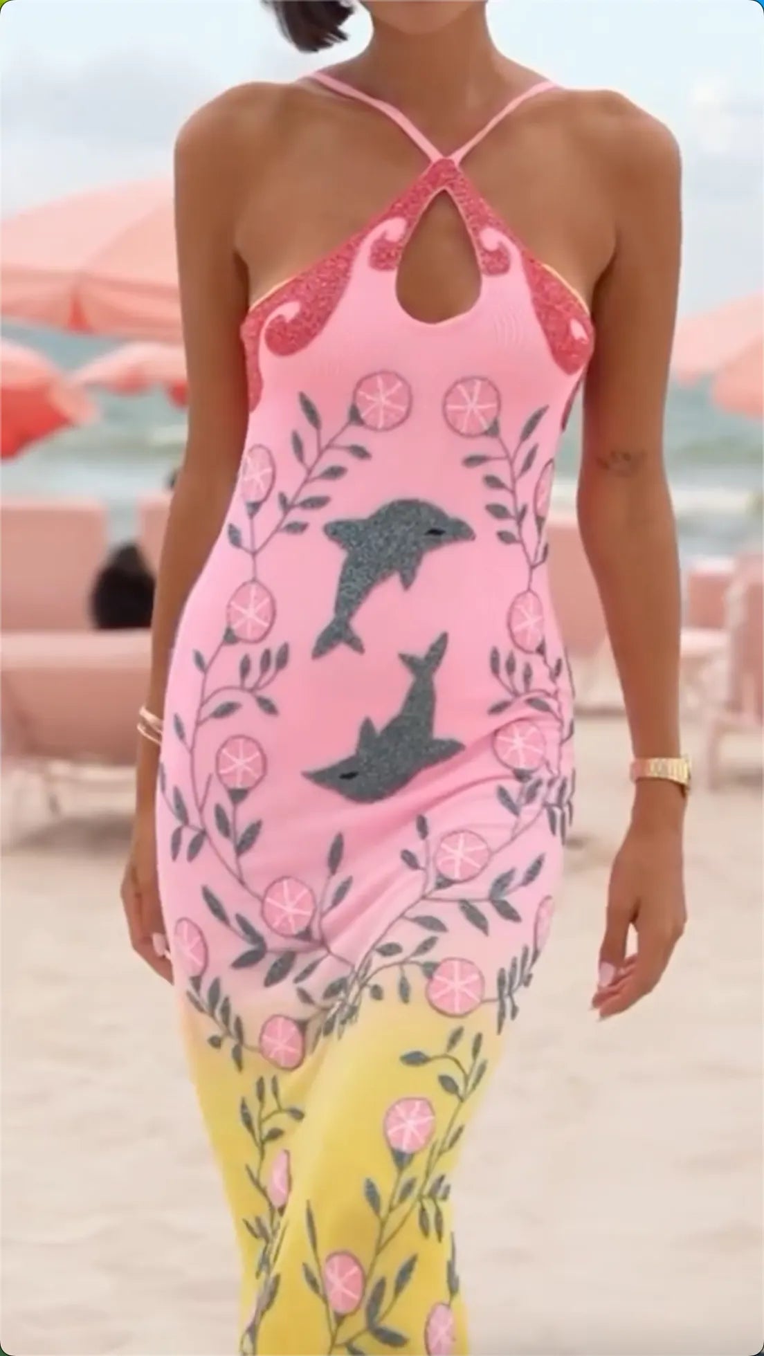 Pink-Yellow Gradient Dolphin Print Halter Neck Bodycon Maxi Dress