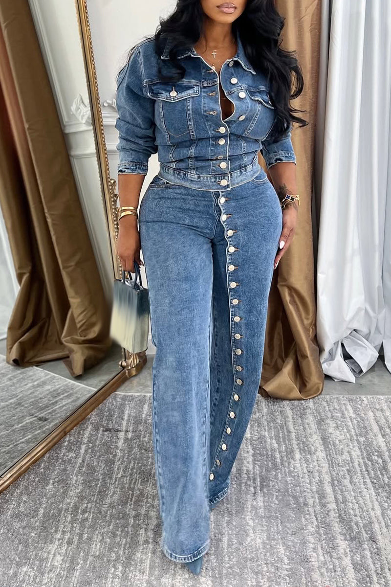 Women's Stylish Denim Suit with Multiple Buttons and A Lapel Collar