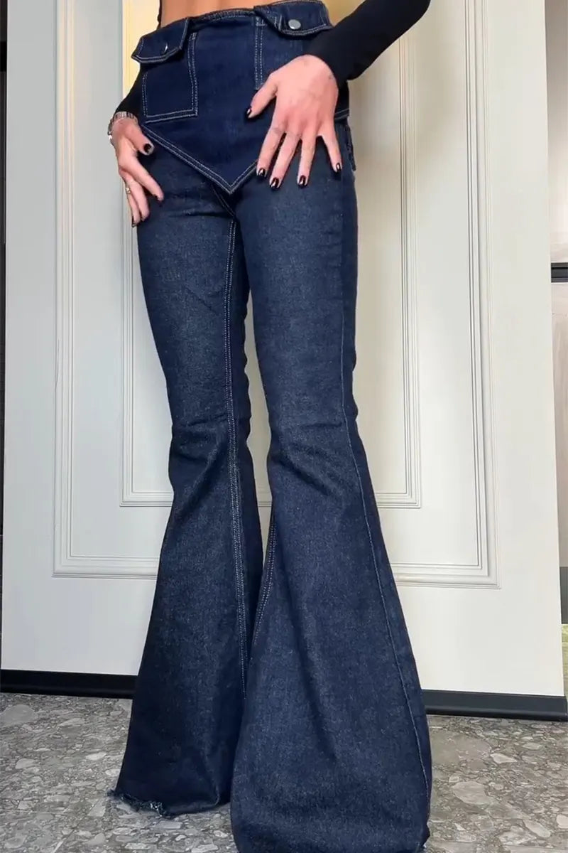 Women's Casual Pocket Removable Belt Flare Jeans