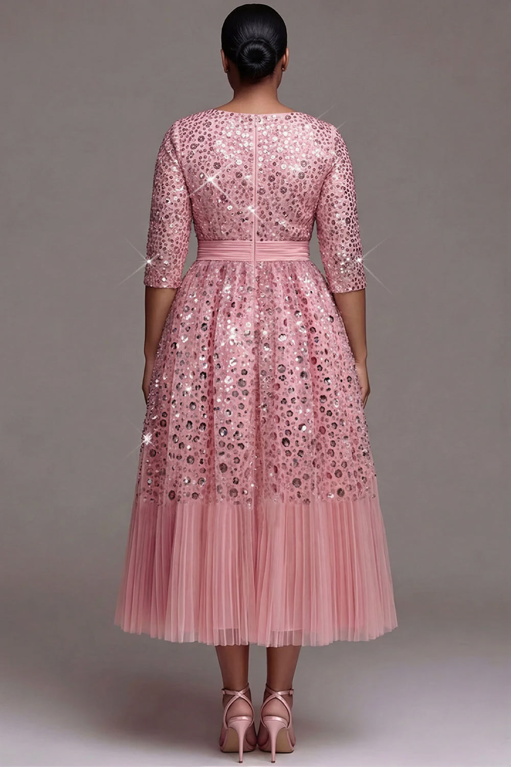 Tulle Pink Round Neck 3/4 Sleeve Pleated Sequin Midi Dresses
