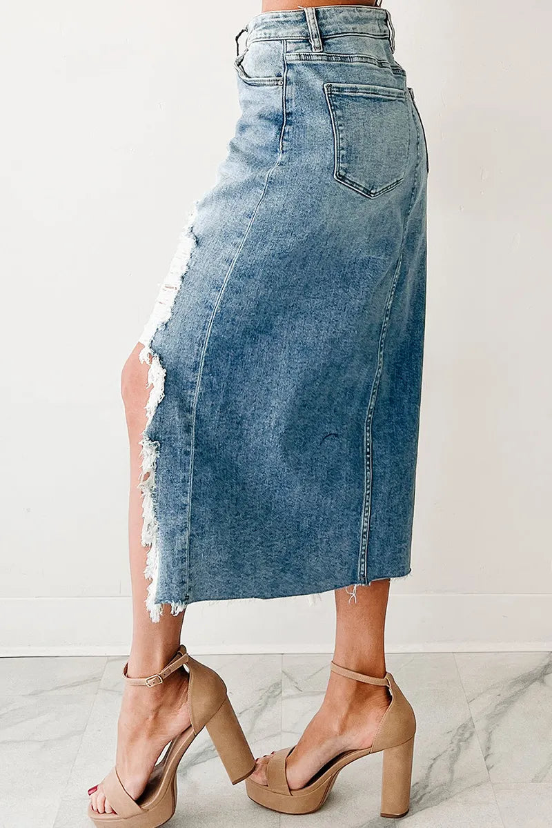 Women's Casual Distressed Denim Skirt With Asymmetrical Hem