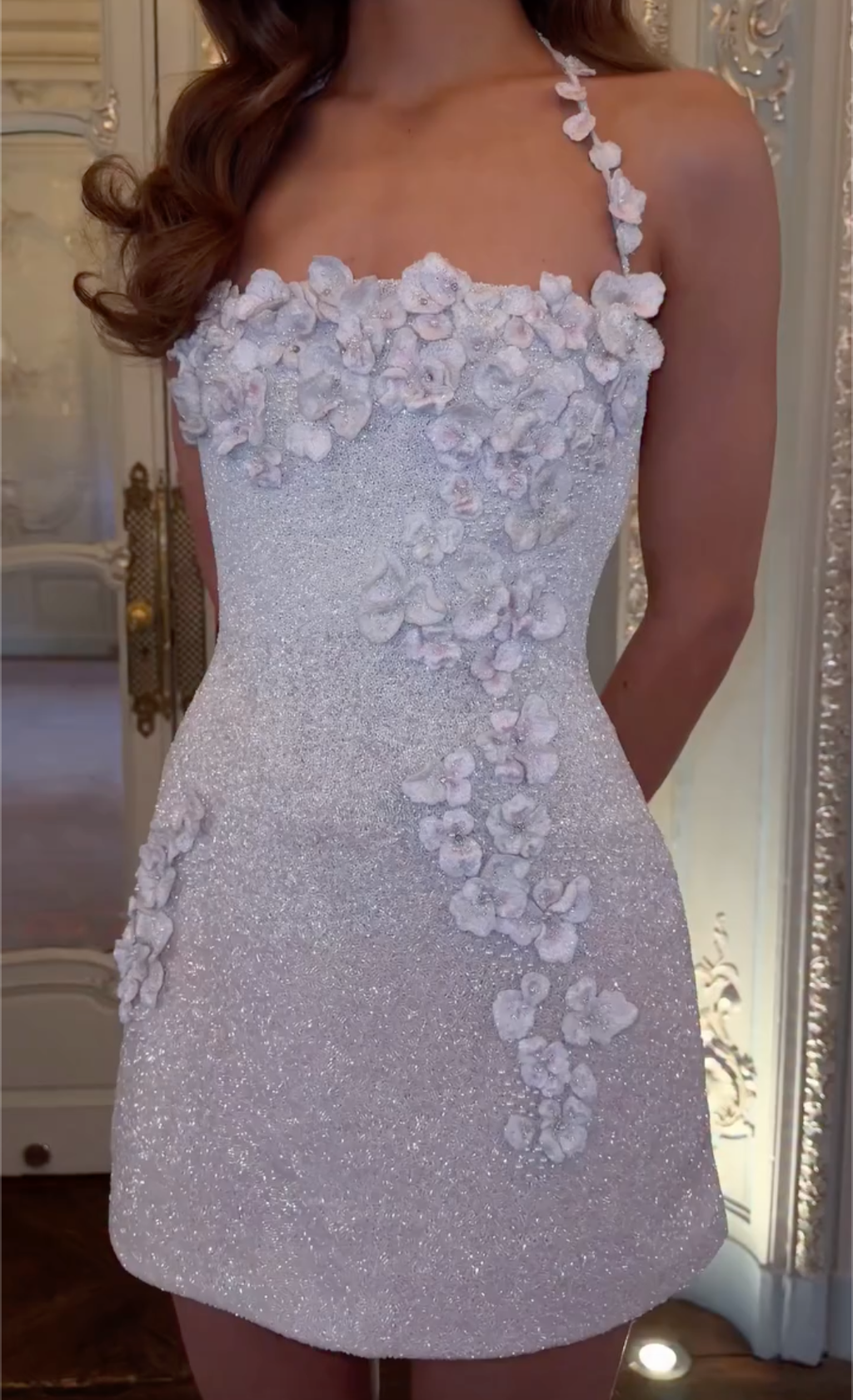 Silver Glitter Mini Dress with 3D Floral Appliqués & Halter Strap