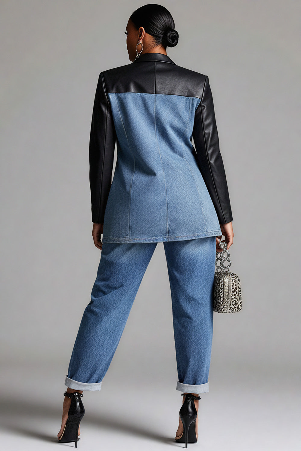 Xpluswear Design Plus Size Business Casual Blue Lapel Collar Long Sleeve Contrast Casual Cargo Denim PU Leather Two Piece Pant Suits