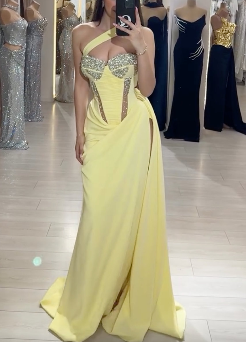 Pale Yellow One-Shoulder Maxi Dress with Crystal Embellished Bodice & High Thigh Slit
