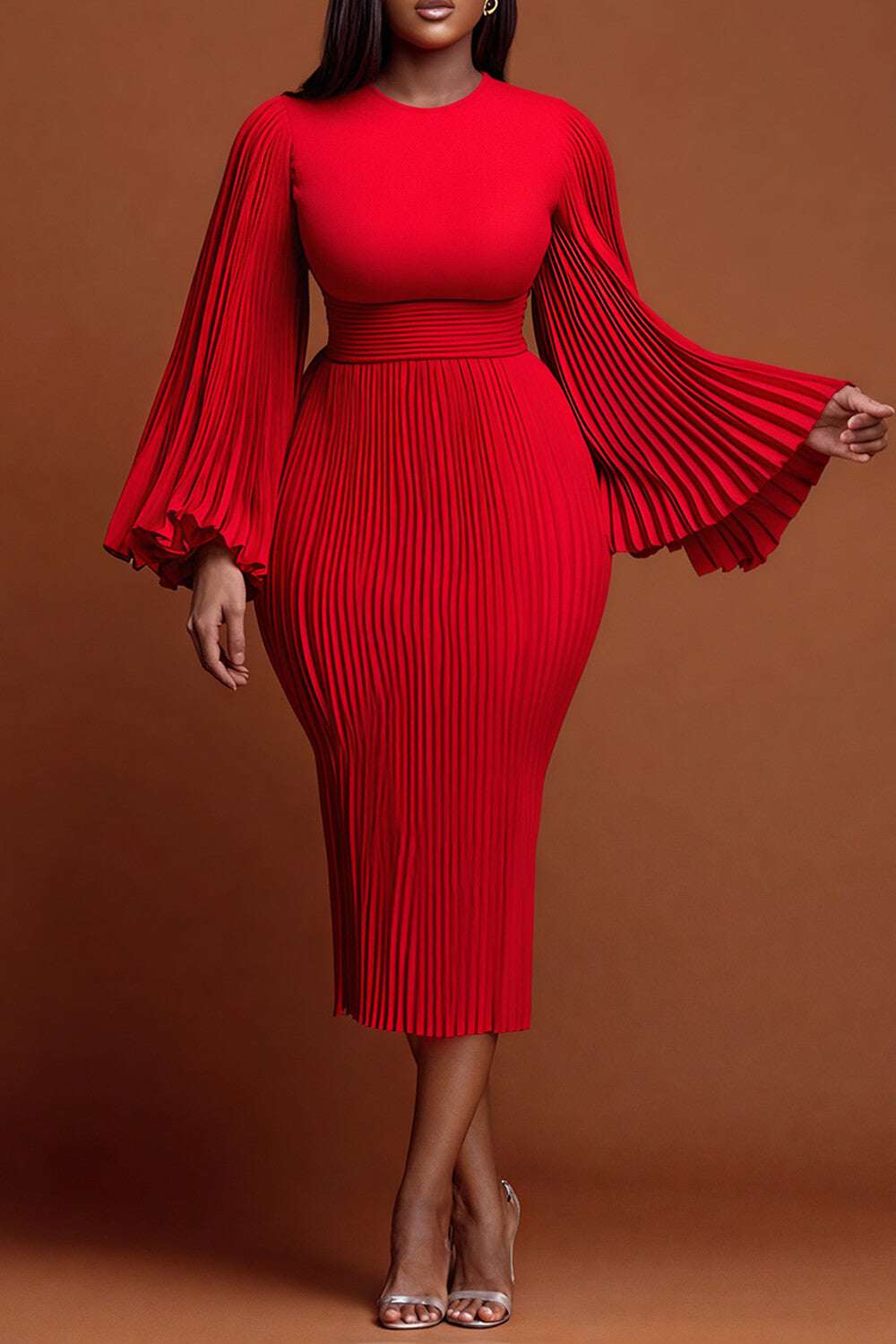 Christmas Red Round Neck Flare Long Sleeve Bodycon Elegant Pleated Knitted Midi Dresses