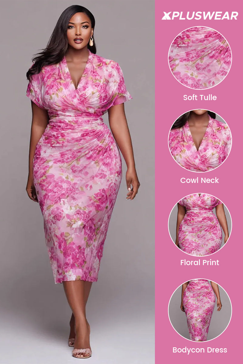 Cocktail Party Pink Floral Cowl Neck Short Sleeve Fold Bodycon Tulle Midi Dresses