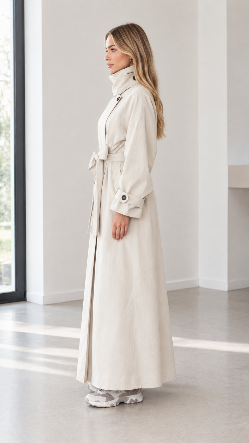 Women's High Neck Belted Maxi Trench Coat with Storm Flap