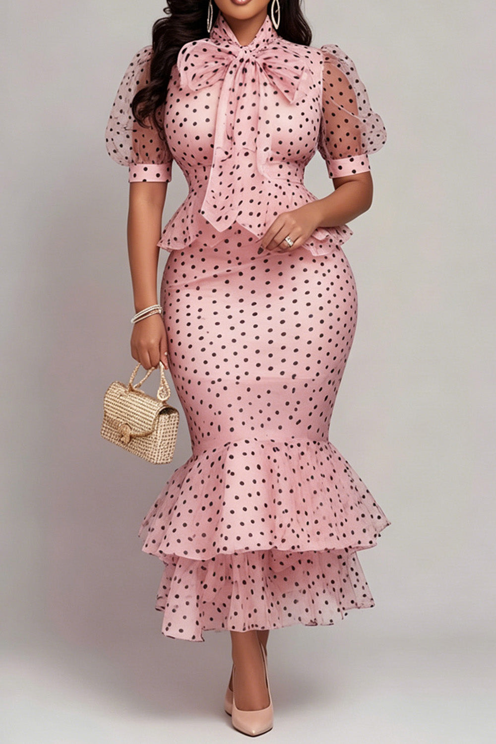Business Casual Pink Polka Dot Mock Neck Puff Sleeve Short Sleeve Ruffle Bodycon Organza Two Piece Skirt Sets