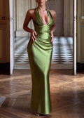 Olive Green Satin Halter Maxi Dress with Deep V Pleated Bodice & Lace-Up Back