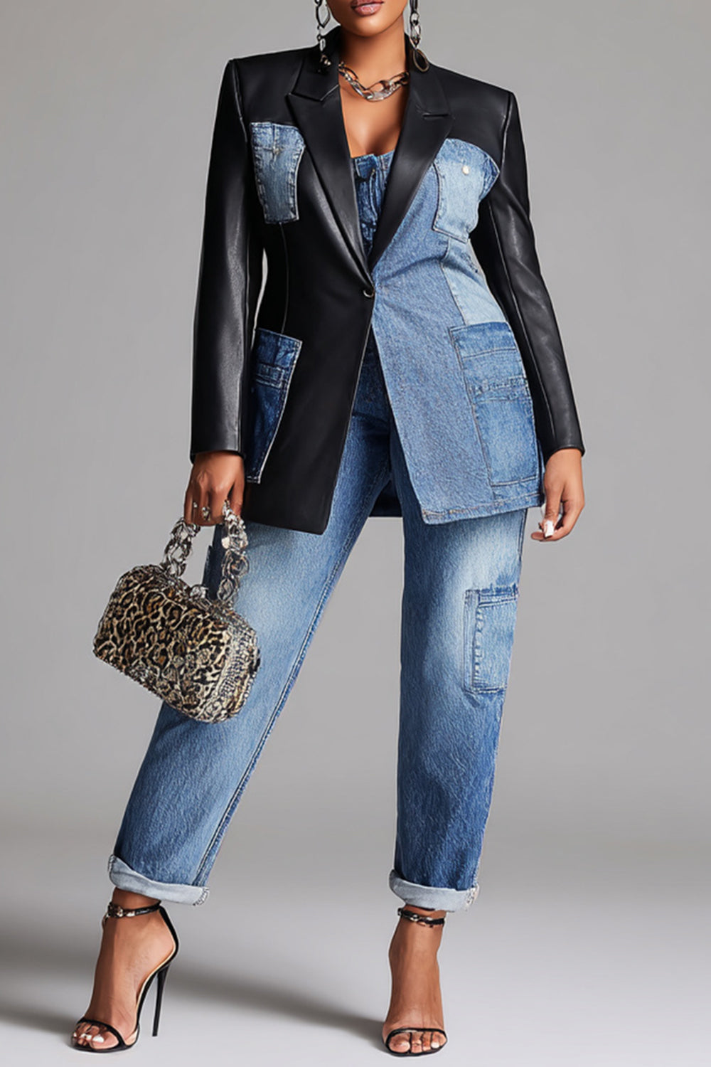 Xpluswear Design Plus Size Business Casual Blue Lapel Collar Long Sleeve Contrast Casual Cargo Denim PU Leather Two Piece Pant Suits