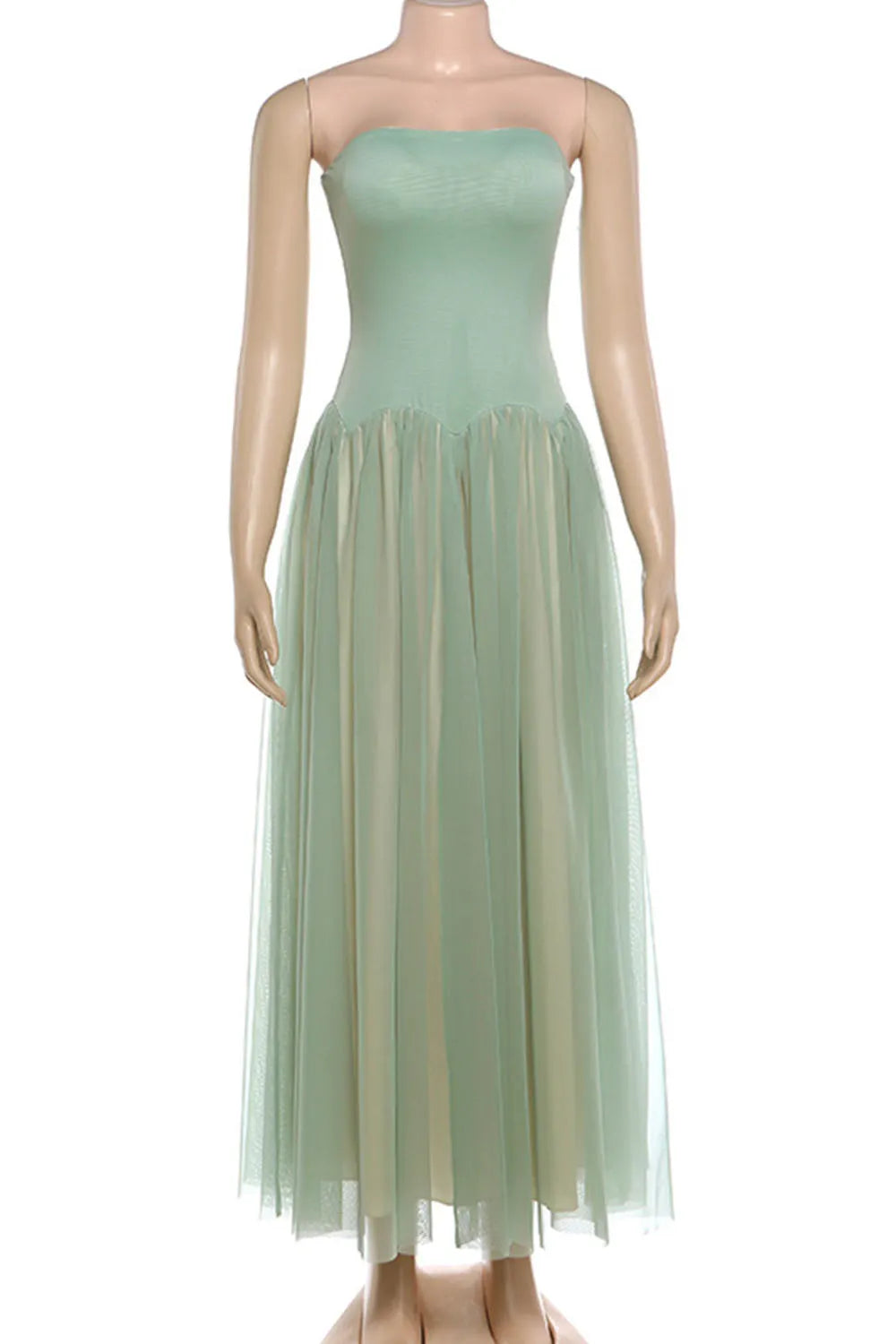 Plain Strapless Cinch Waist Mesh Patchwork Evening Gowns Maxi Dresses-Green