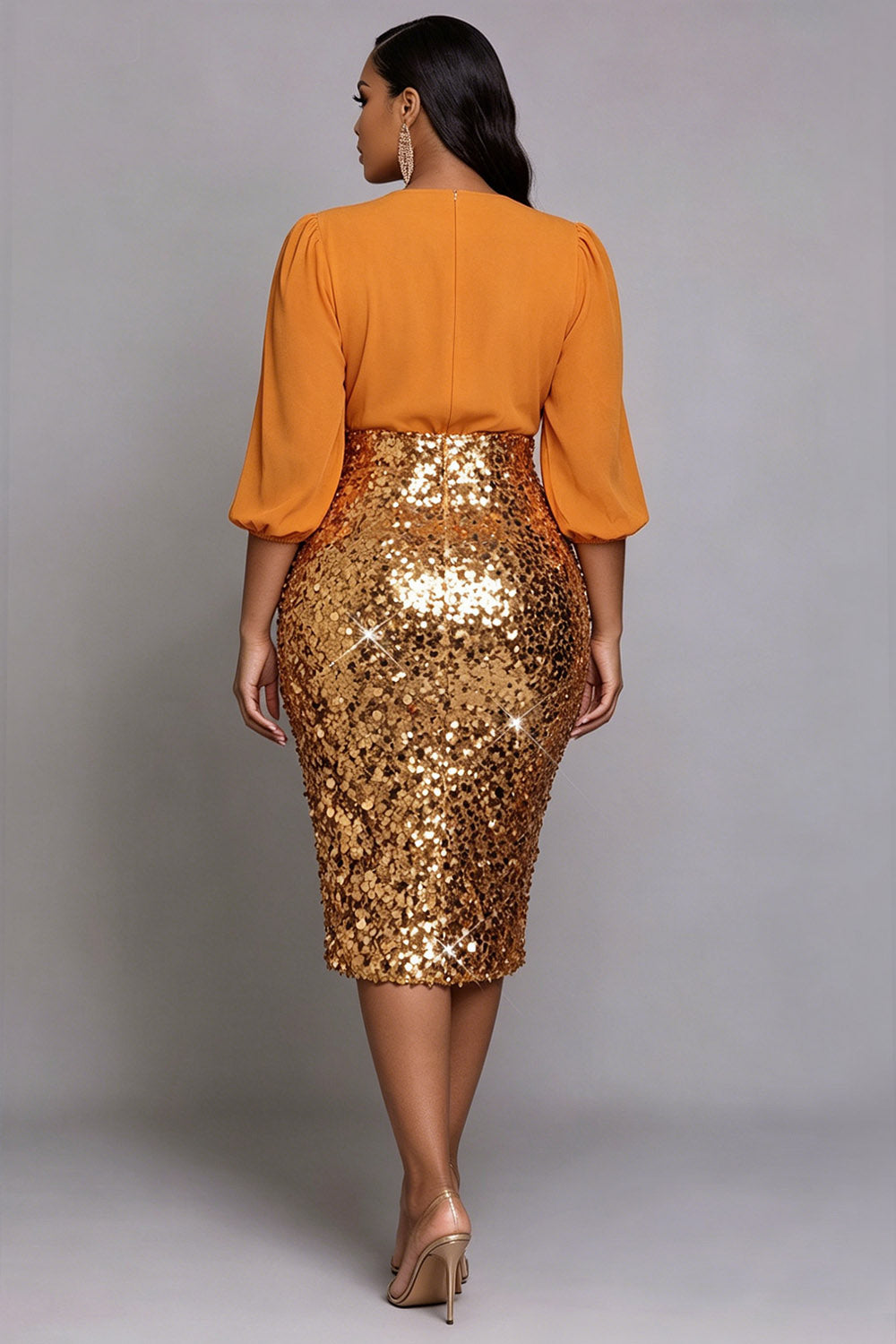 Cocktail Party Chiffon Khaki V Neck Lantern Sleeve Half Sleeve Contrast Bodycon Sequin Midi Dresses