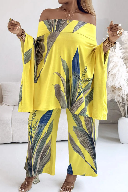 Plus Size Vacation Yellow Tropical Print Off The Shoulder Pocket Casual Two Piece Pant Sets