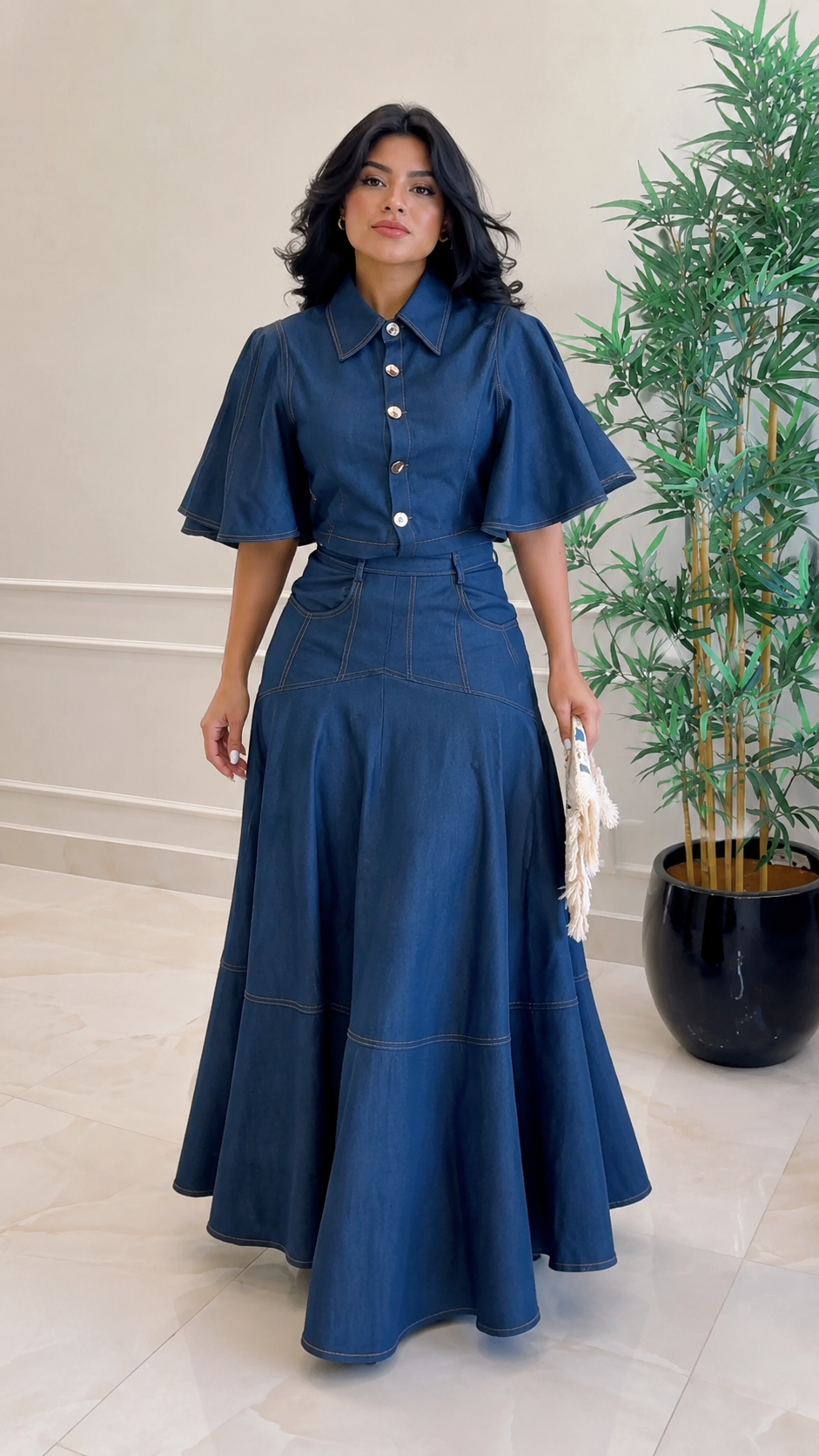Dark Denim Flare‑Sleeve Top & Maxi Skirt Two‑Piece