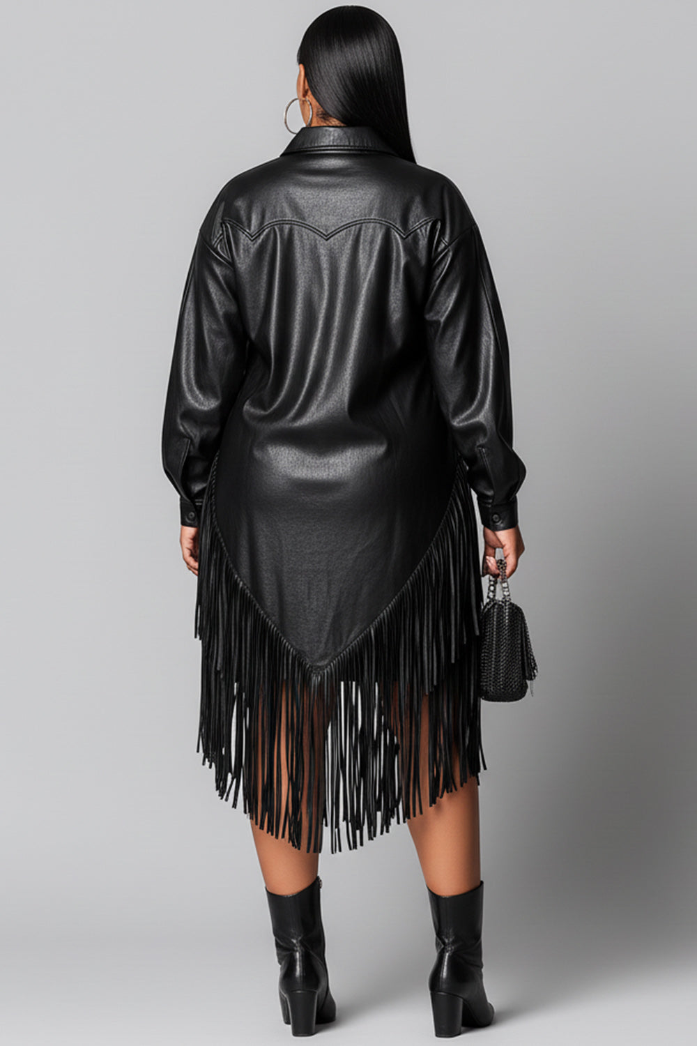 Festival Black Shirt Collar Long Sleeve Strappy Elegant PU Leather Midi Dresses