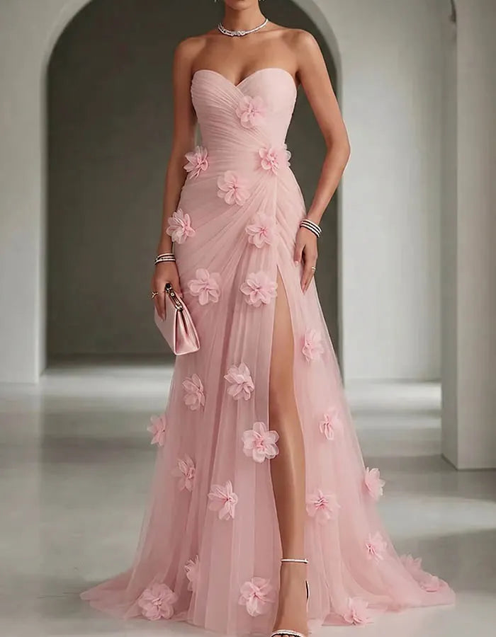 3D Floral Strapless Ruched Tulle A-Line Maxi Dress