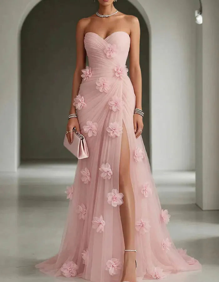 3D Floral Strapless Ruched Tulle A-Line Maxi Dress