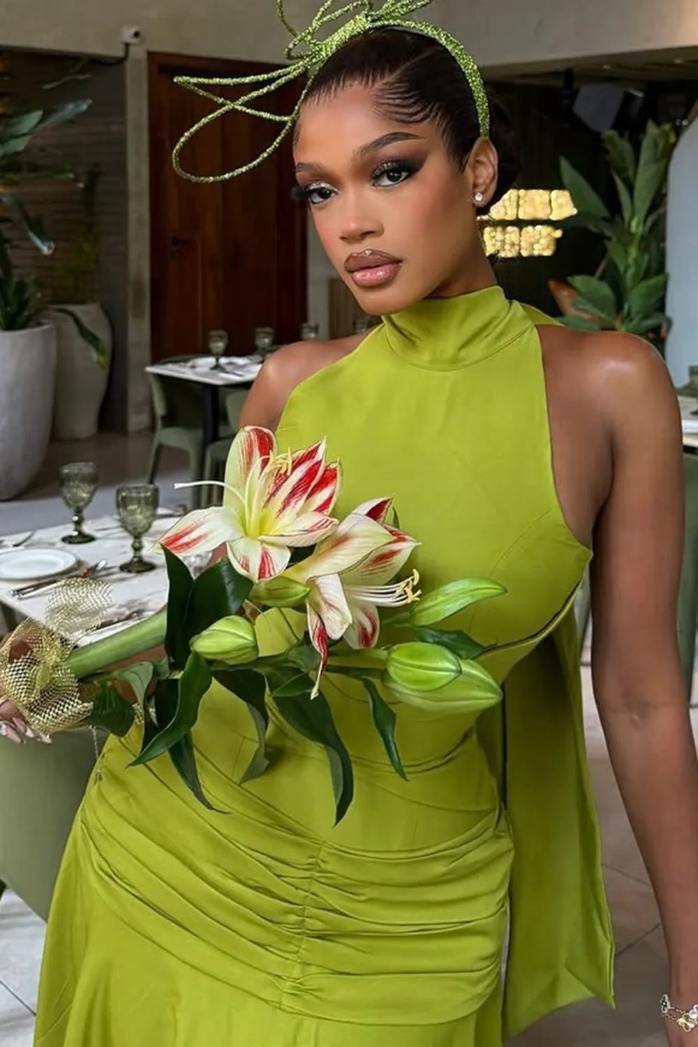 Mock Neck Off Shoulder Ruched Evening Gowns Maxi Dresses-Green [Pre Order]