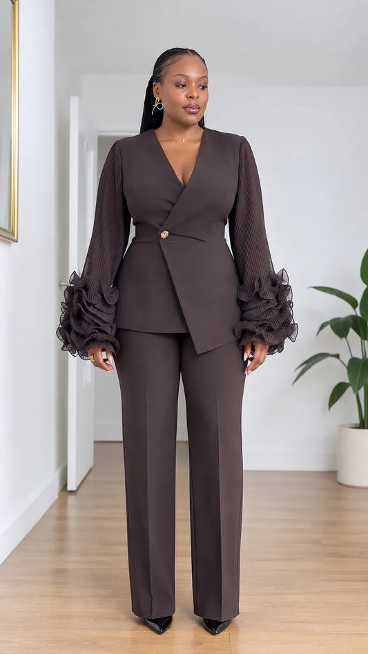 Women's Elegant Ruffle Sleeve Pant Suit Set with Asymmetrical Blazer and Tailored Trousers
