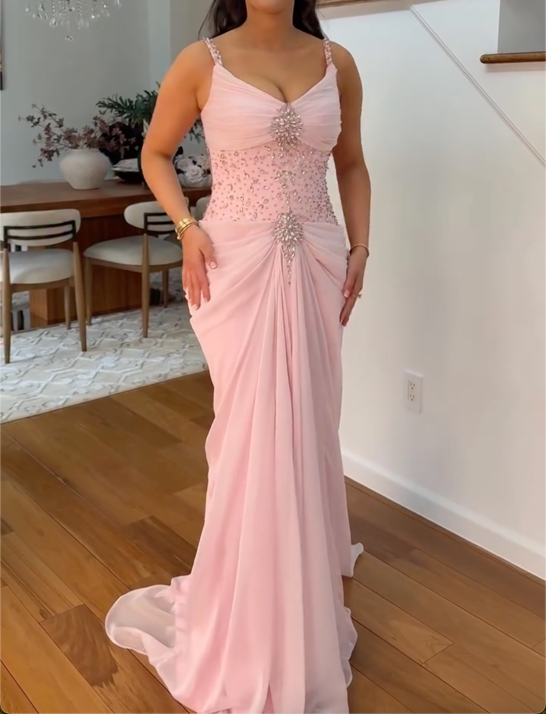 Sparkly Floral Sequin & Blush Pink Chiffon Evening Gowns with Train, Spaghetti Straps, Formal Party Dresses for Women