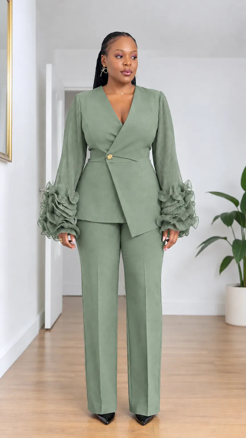 Women's Elegant Ruffle Sleeve Pant Suit Set with Asymmetrical Blazer and Tailored Trousers
