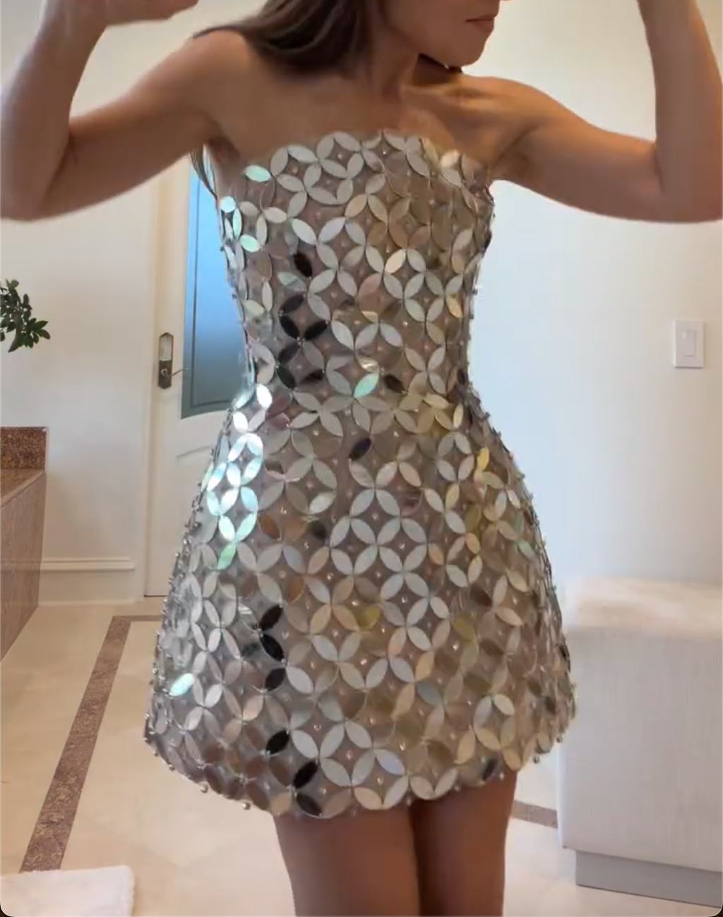 Silver Strapless Sequin Mini Dress