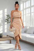 Contrast Piping Scallop Trim Cami Neck Top Midi Skirt Gowns 2pcs Set-Brown