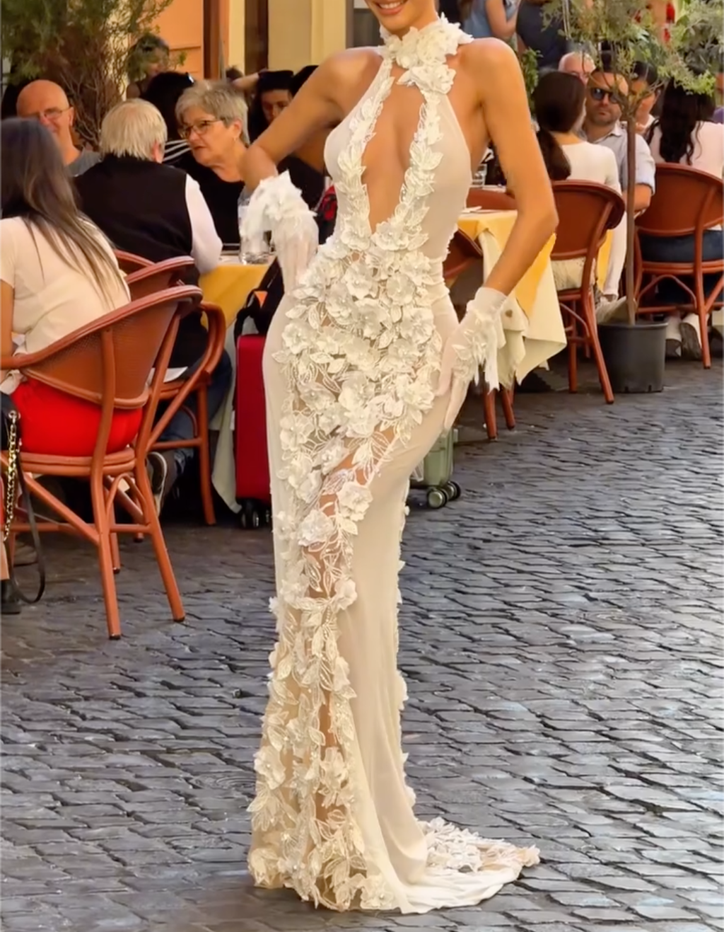 White Halter Neck Mermaid Evening Gown - 3D Floral Lace Applique with Matching Gloves Formal Dress