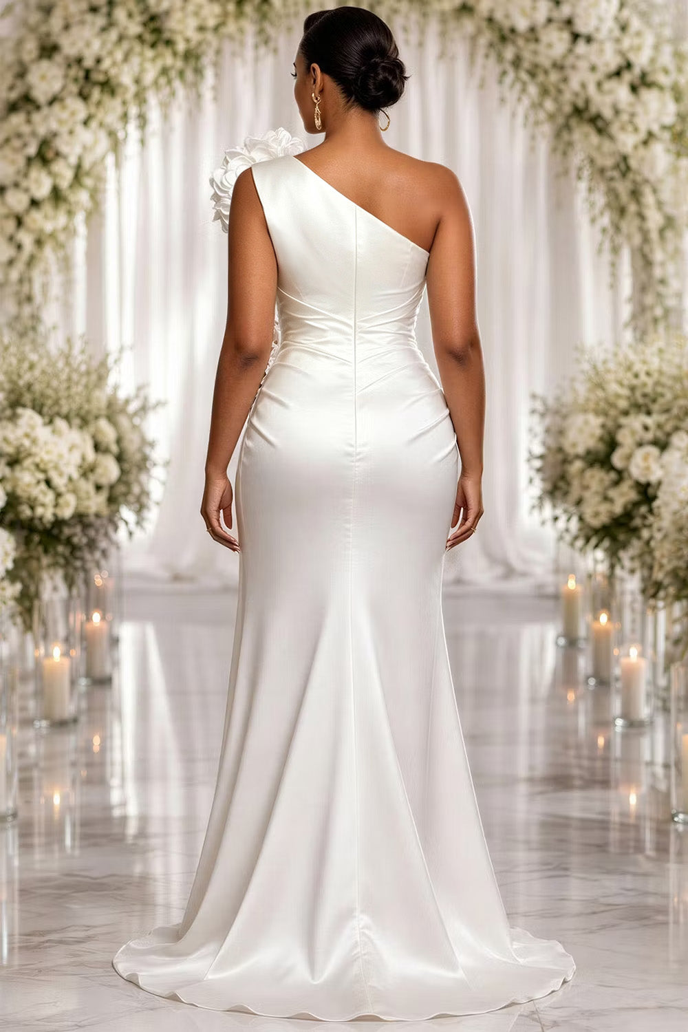 Wedding White Oblique Collar One Shoulder 3D Split Satin Maxi Dresses [Pre-Order]