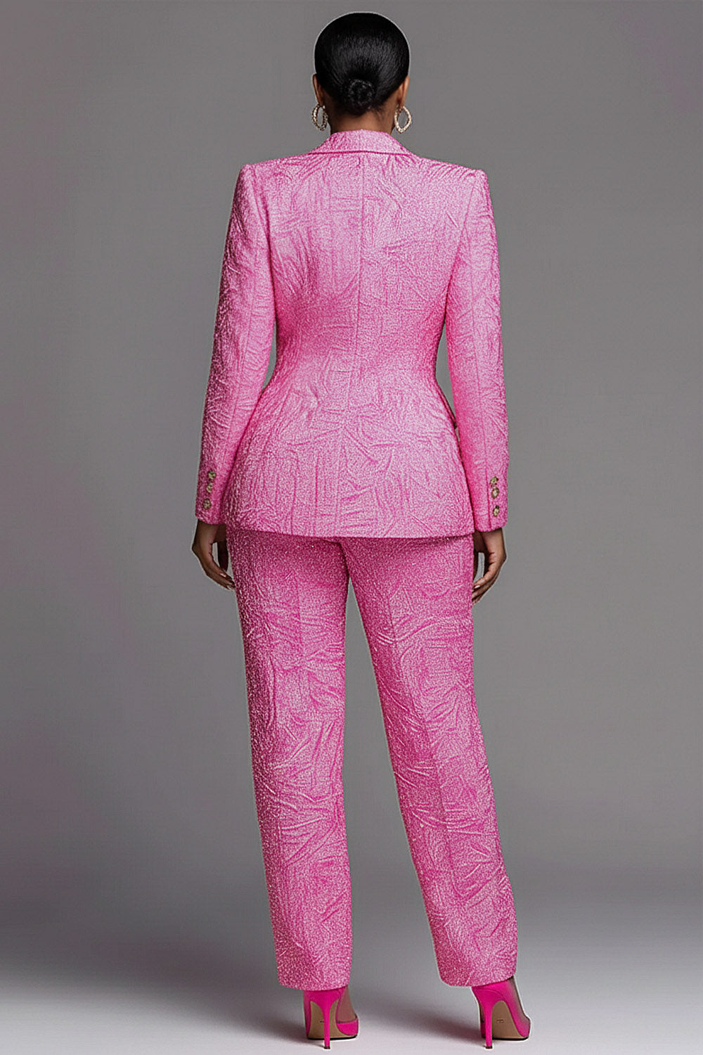 Hot Pink Lapel Collar Long Sleeve Pocket Two Piece Pant Suits